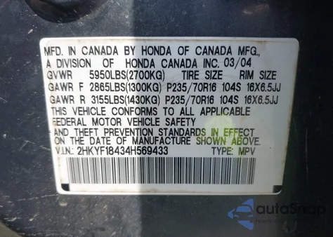 2004 Honda Pilot Ex z USA, uszkodzony, nr VIN 2HKYF18434H569433
